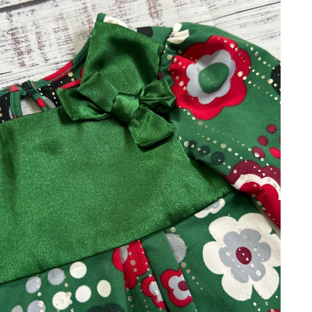 The Childrens Place Floral Dress Kids Green Satin Bow Metallic 24 Months